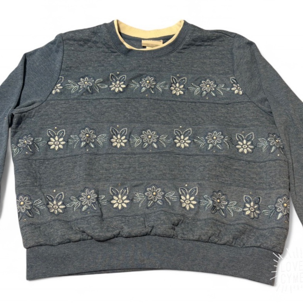 Alfred Dunner Blue Floral Crewneck Sweater